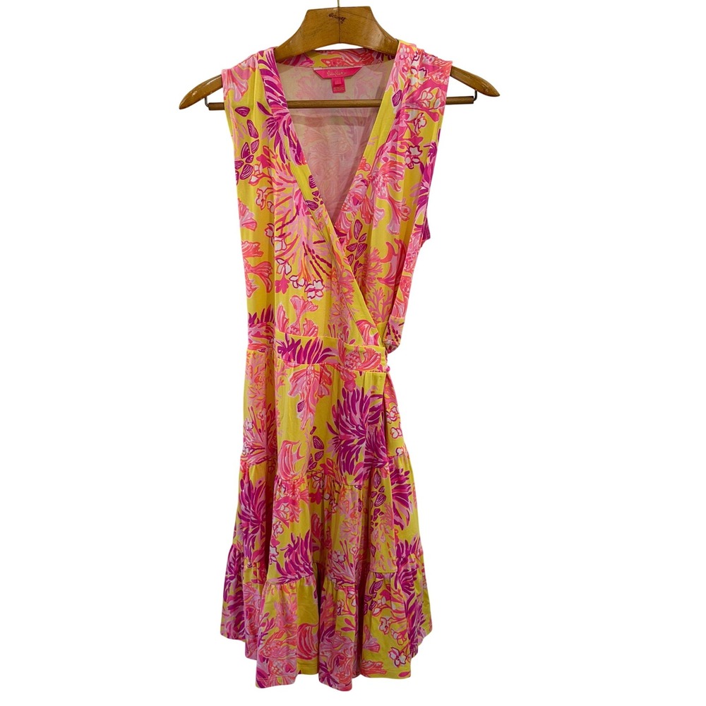Lilly Pulitzer Wrap Dress Womens Large Multi Color Tropical Tiered Ruffle Mini